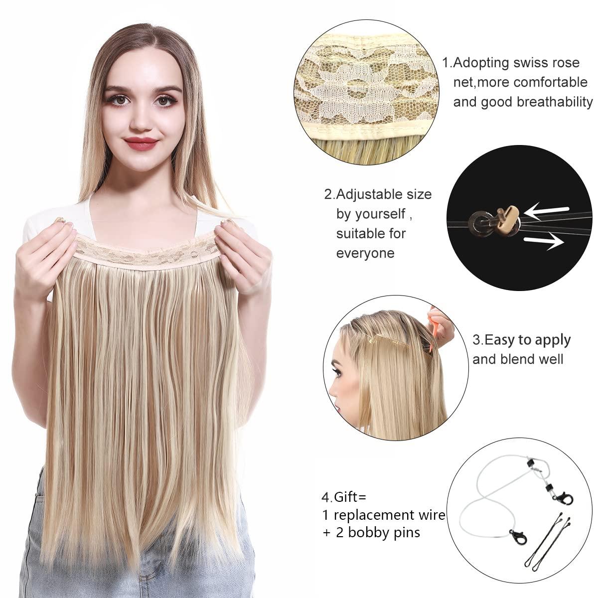 imageSARLA Invisible Wire Hair Extensions Straight Long Synthetic Hairpieces 22 Inch Adjustable Transparent Headband for Women Dirty BlondeSand