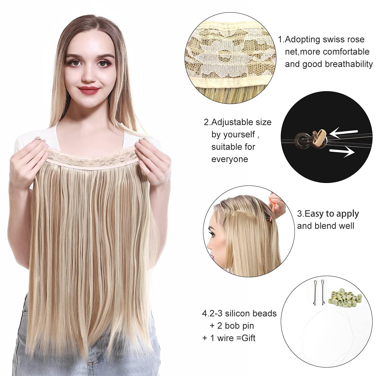 imageSARLA Invisible Wire Hair Extensions Straight Long Synthetic Hairpieces 22 Inch Adjustable Transparent Headband for Women Dirty BlondeStraightDark Brown