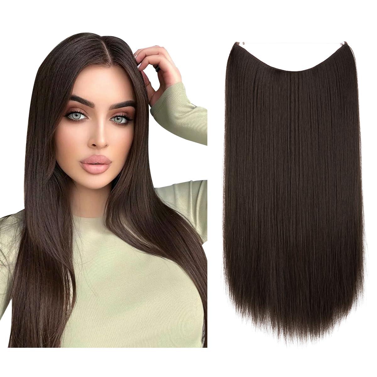 imageSARLA Invisible Wire Hair Extensions Straight Long Synthetic Hairpieces 22 Inch Adjustable Transparent Headband for Women Dirty BlondeStraightDark Brown