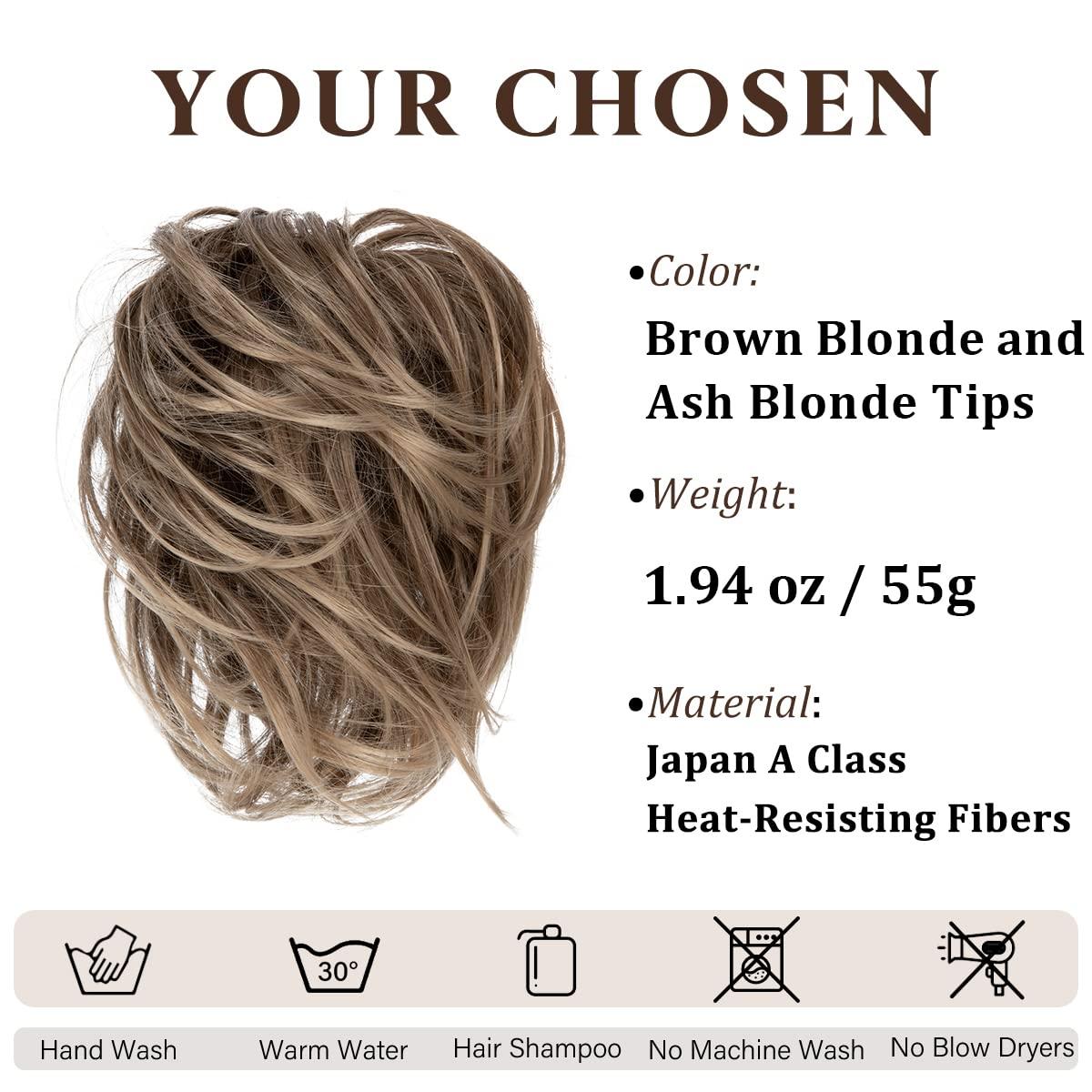 imageSARLA Messy Hair Bun Hair Pieces Curly Synthetic Updo Fake Scrunchies Ponytail Extension for Women Dirty Blonde 1PCS1PCBrunette and Ash Blonde Tips