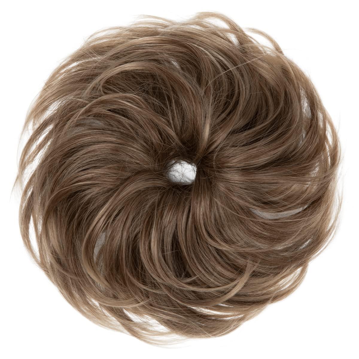 imageSARLA Messy Hair Bun Hair Pieces Curly Synthetic Updo Fake Scrunchies Ponytail Extension for Women Dirty Blonde 1PCS1PCBrunette and Ash Blonde Tips