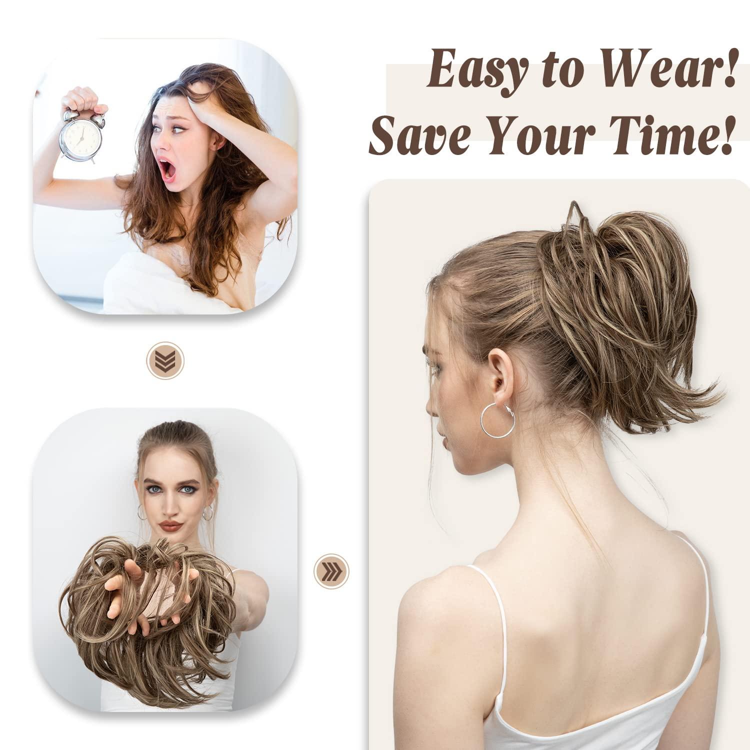 imageSARLA Messy Hair Bun Hair Pieces Curly Synthetic Updo Fake Scrunchies Ponytail Extension for Women Dirty Blonde 1PCS1PCBrunette and Ash Blonde Tips