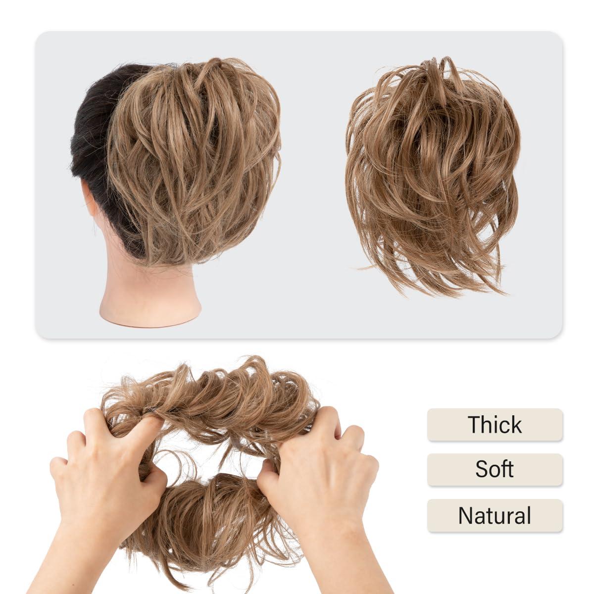 imageSARLA Messy Hair Bun Hair Pieces Curly Synthetic Updo Fake Scrunchies Ponytail Extension for Women Dirty Blonde 1PCS1PCBurgundy and Wine Red Tips