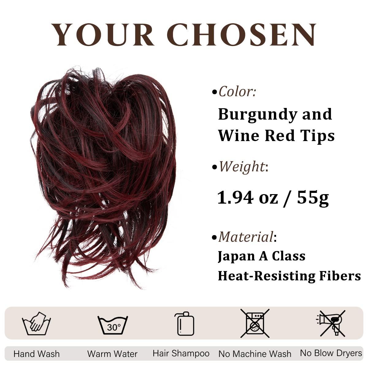 imageSARLA Messy Hair Bun Hair Pieces Curly Synthetic Updo Fake Scrunchies Ponytail Extension for Women Dirty Blonde 1PCS1PCBurgundy and Wine Red Tips
