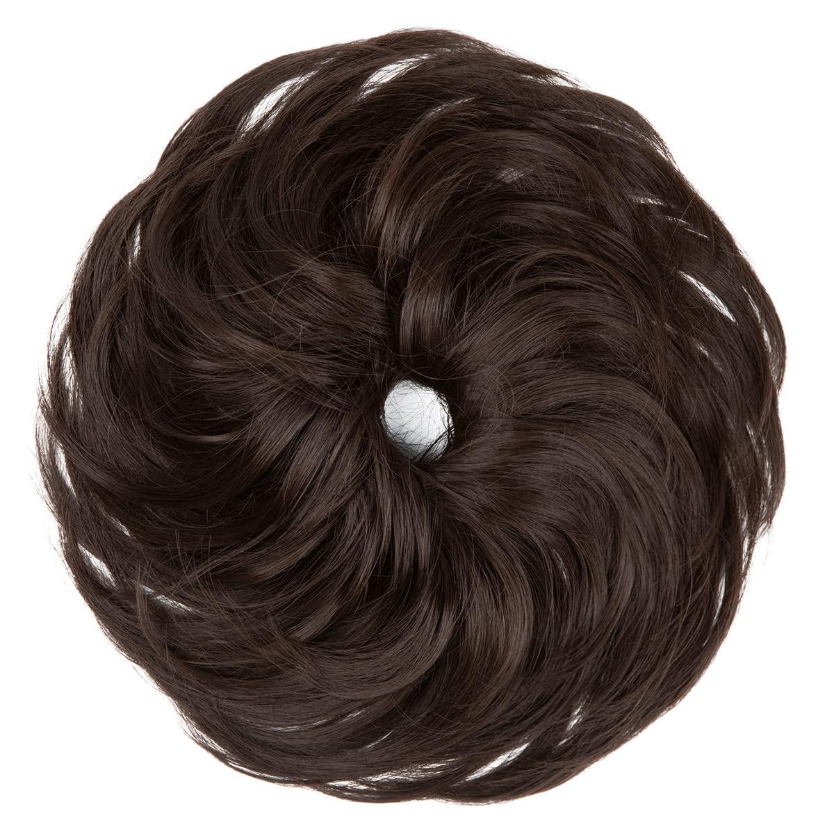 imageSARLA Messy Hair Bun Hair Pieces Curly Synthetic Updo Fake Scrunchies Ponytail Extension for Women Dirty Blonde 1PCS1PCDark Brown