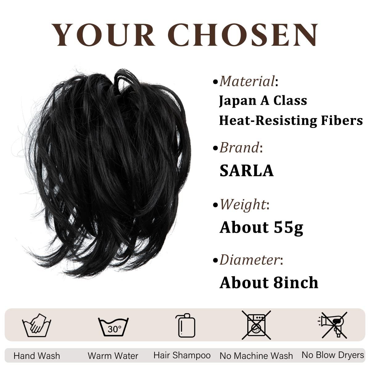 imageSARLA Messy Hair Bun Hair Pieces Curly Synthetic Updo Fake Scrunchies Ponytail Extension for Women Dirty Blonde 1PCS1PCJet Black