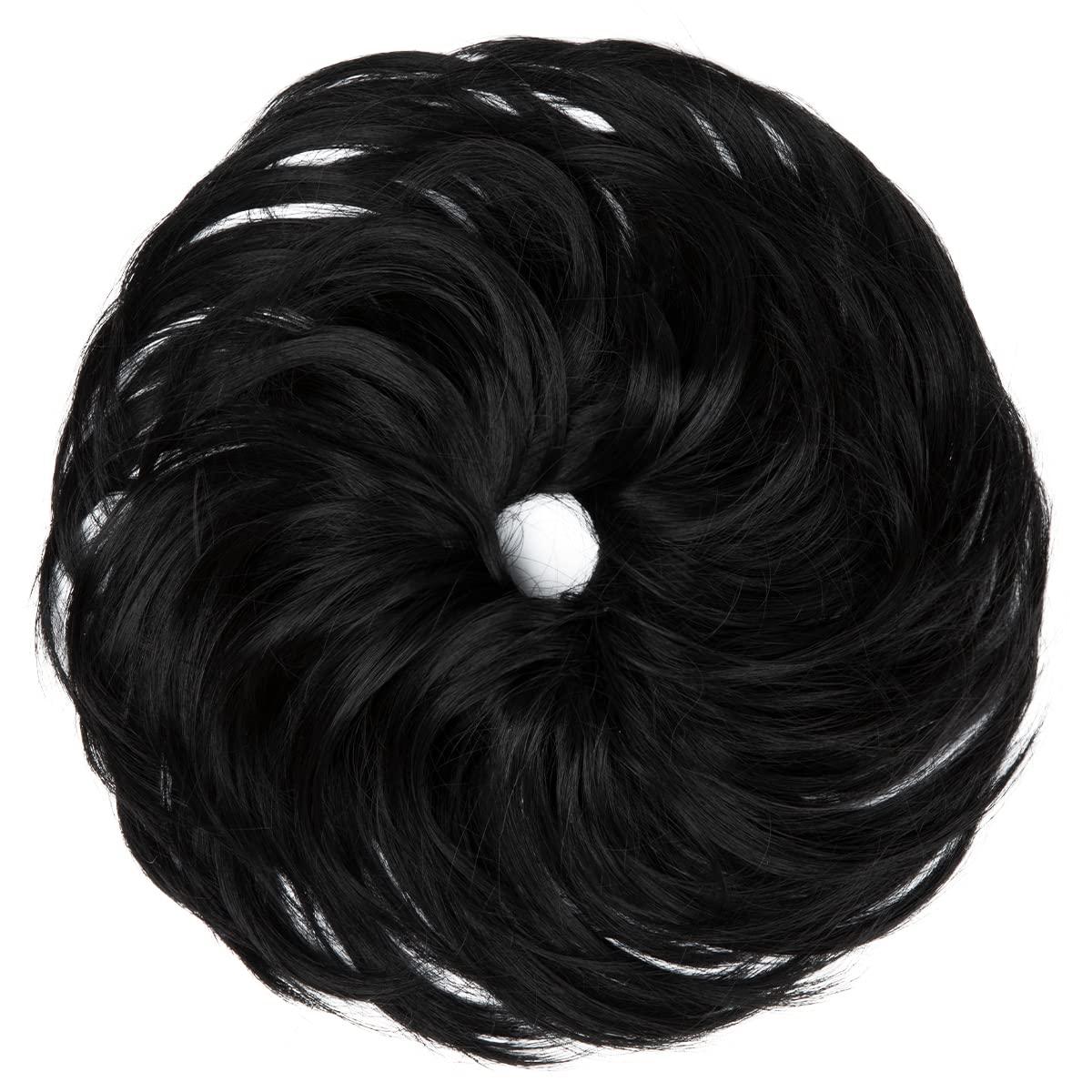 imageSARLA Messy Hair Bun Hair Pieces Curly Synthetic Updo Fake Scrunchies Ponytail Extension for Women Dirty Blonde 1PCS1PCJet Black