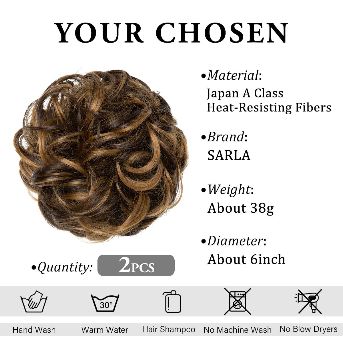 imageSARLA Messy Hair Bun Hair Pieces Curly Synthetic Updo Fake Scrunchies Ponytail Extension for Women Dirty Blonde 1PCS2PCSDark Brown Golden Blonde