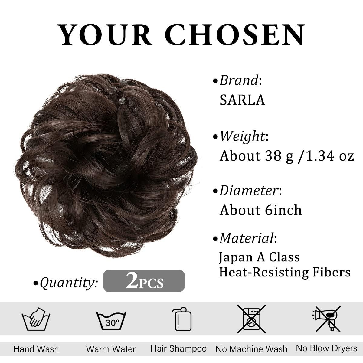 imageSARLA Messy Hair Bun Hair Pieces Curly Synthetic Updo Fake Scrunchies Ponytail Extension for Women Dirty Blonde 1PCS2PCSDark Brown