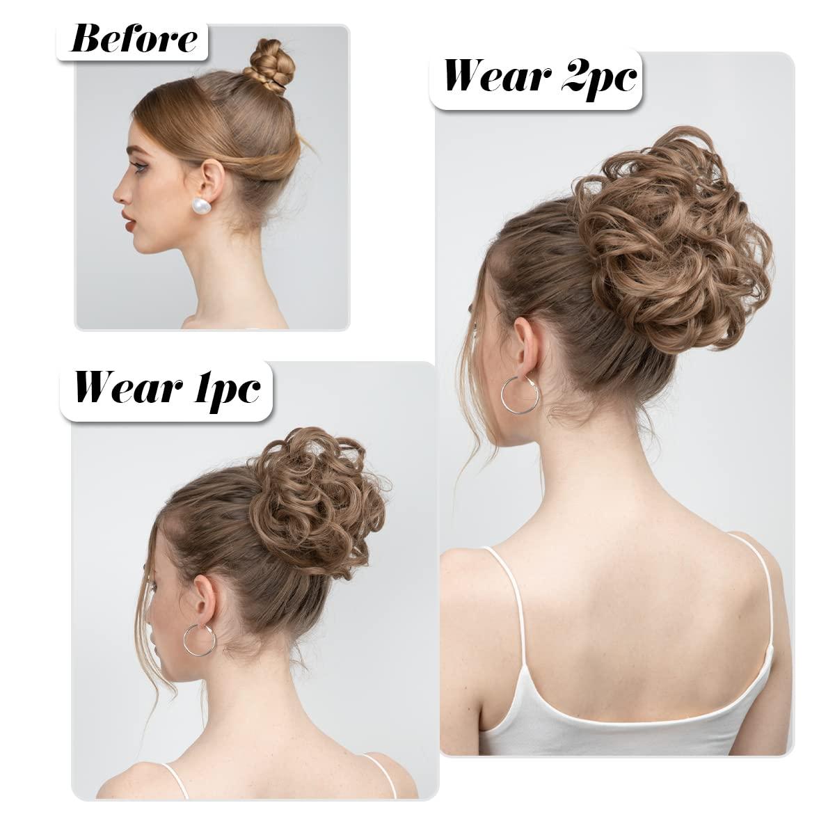imageSARLA Messy Hair Bun Hair Pieces Curly Synthetic Updo Fake Scrunchies Ponytail Extension for Women Dirty Blonde 1PCS2PCSPepper Grey