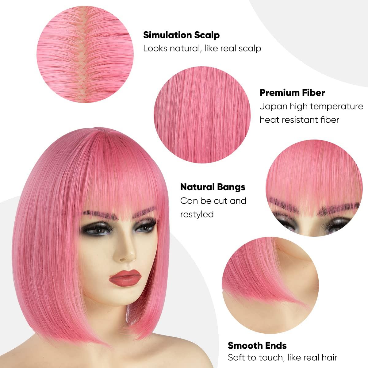 imageSARLA Pink Short Bob Wigs with Bangs 8 Inch Fashion Synthetic Colorful Cosplay Daily Party Wig for Women