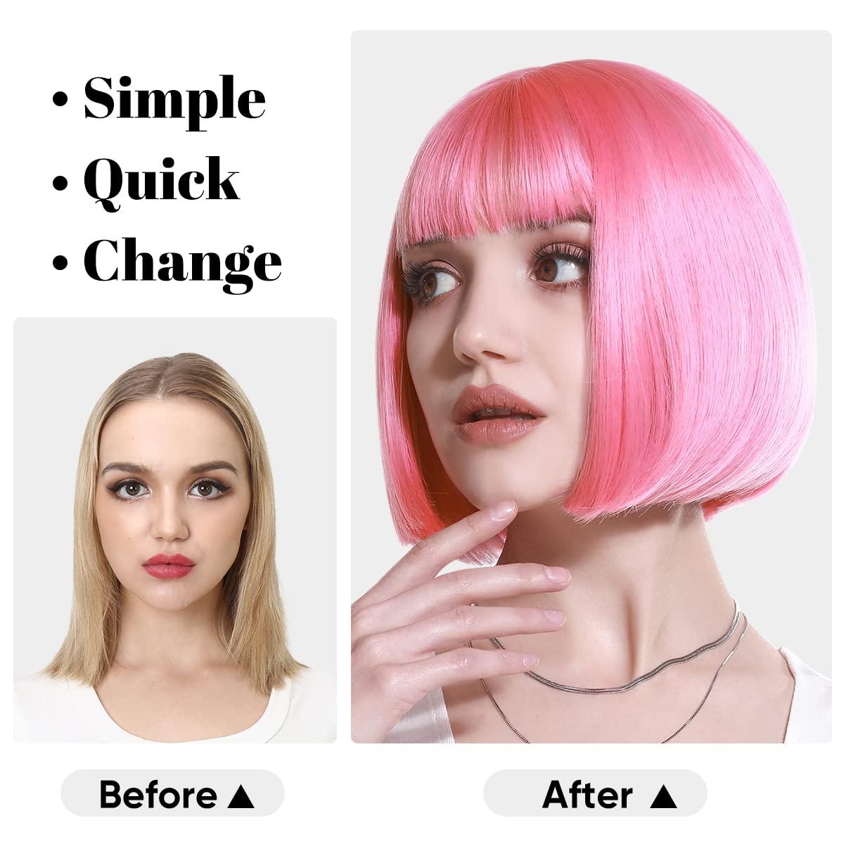 imageSARLA Pink Short Bob Wigs with Bangs 8 Inch Fashion Synthetic Colorful Cosplay Daily Party Wig for Women