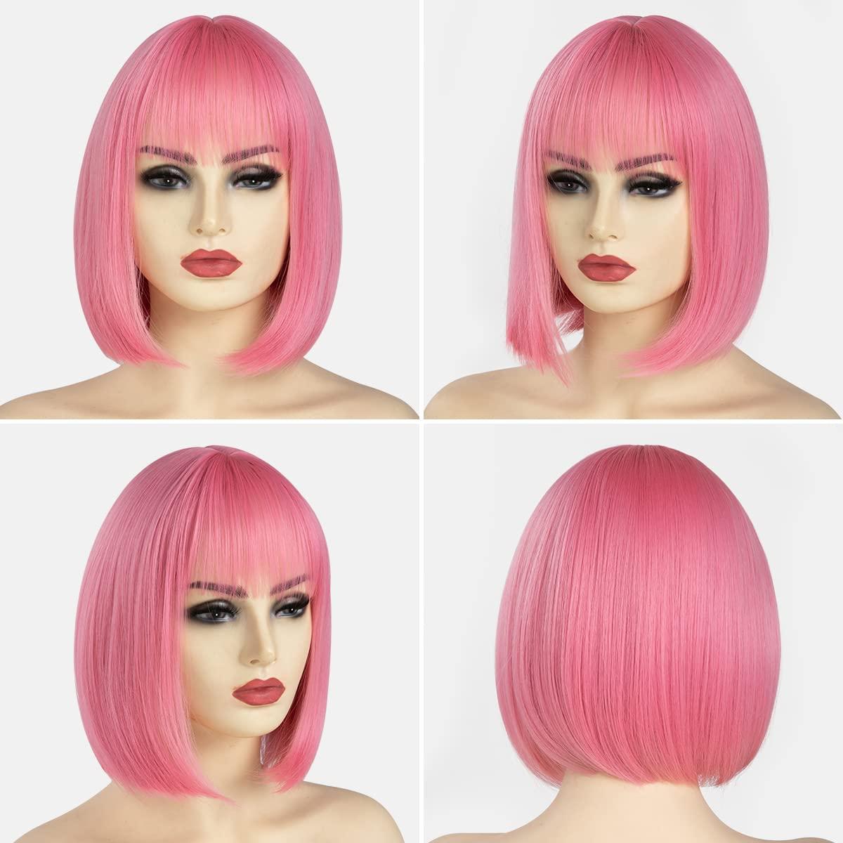 imageSARLA Pink Short Bob Wigs with Bangs 8 Inch Fashion Synthetic Colorful Cosplay Daily Party Wig for Women