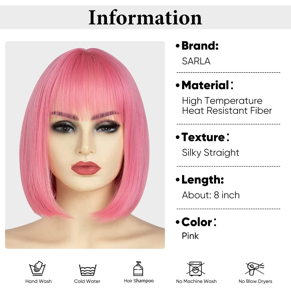 imageSARLA Pink Short Bob Wigs with Bangs 8 Inch Fashion Synthetic Colorful Cosplay Daily Party Wig for Women