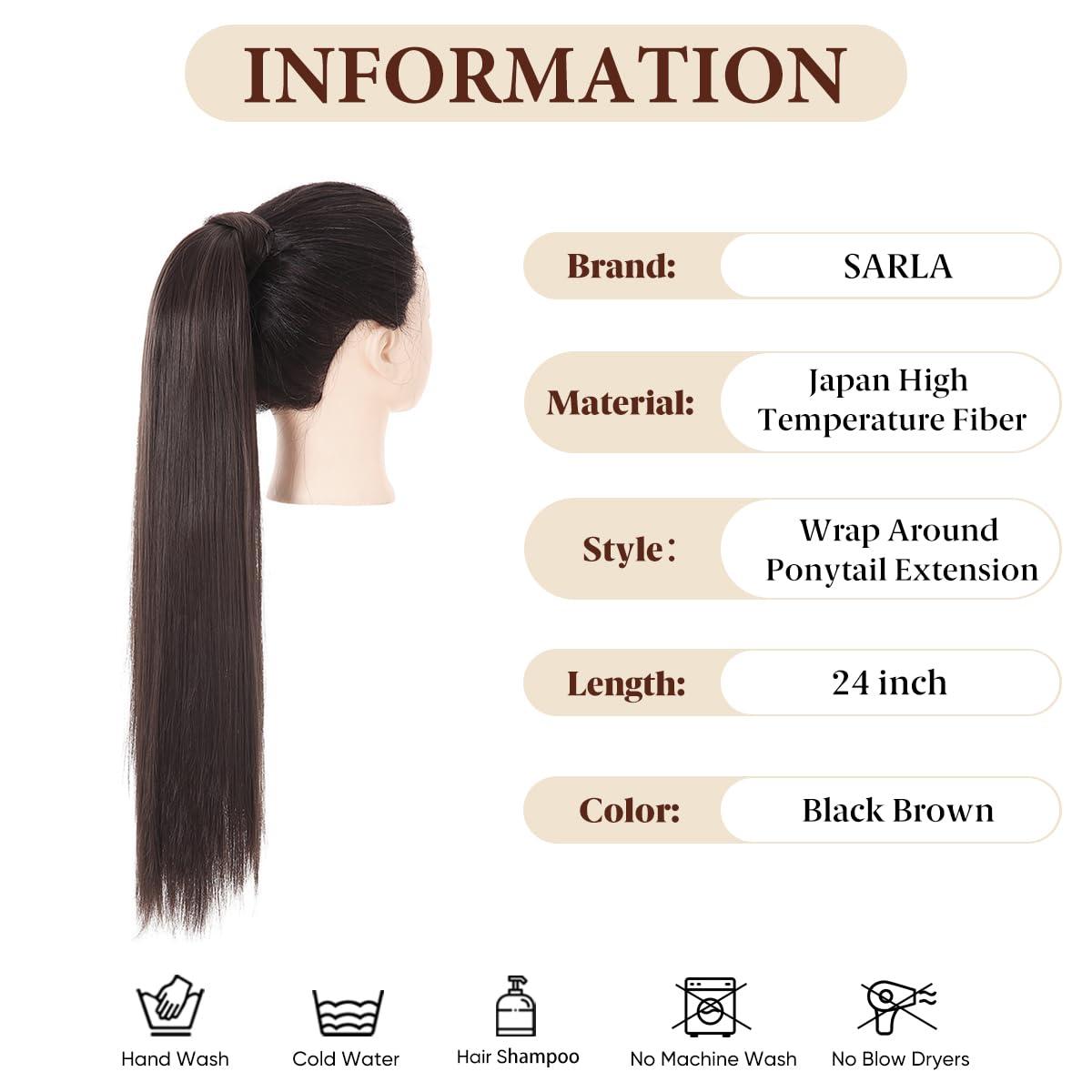 imageSARLA Ponytail Hair Extension Wrap Around Long Straight 24 Inch Synthetic Hairpiece for Women Black BrownBlack Brown