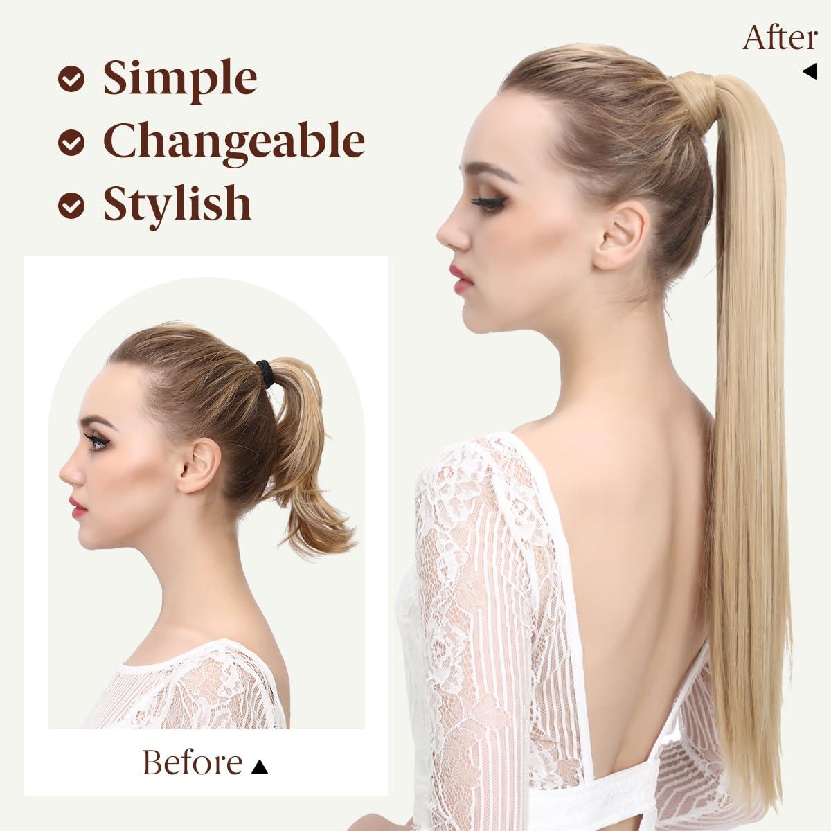 imageSARLA Ponytail Hair Extension Wrap Around Long Straight 24 Inch Synthetic Hairpiece for Women Black BrownBlack Brown