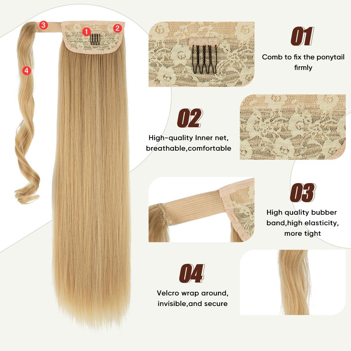 imageSARLA Ponytail Hair Extension Wrap Around Long Straight 24 Inch Synthetic Hairpiece for Women Black BrownBlack Brown