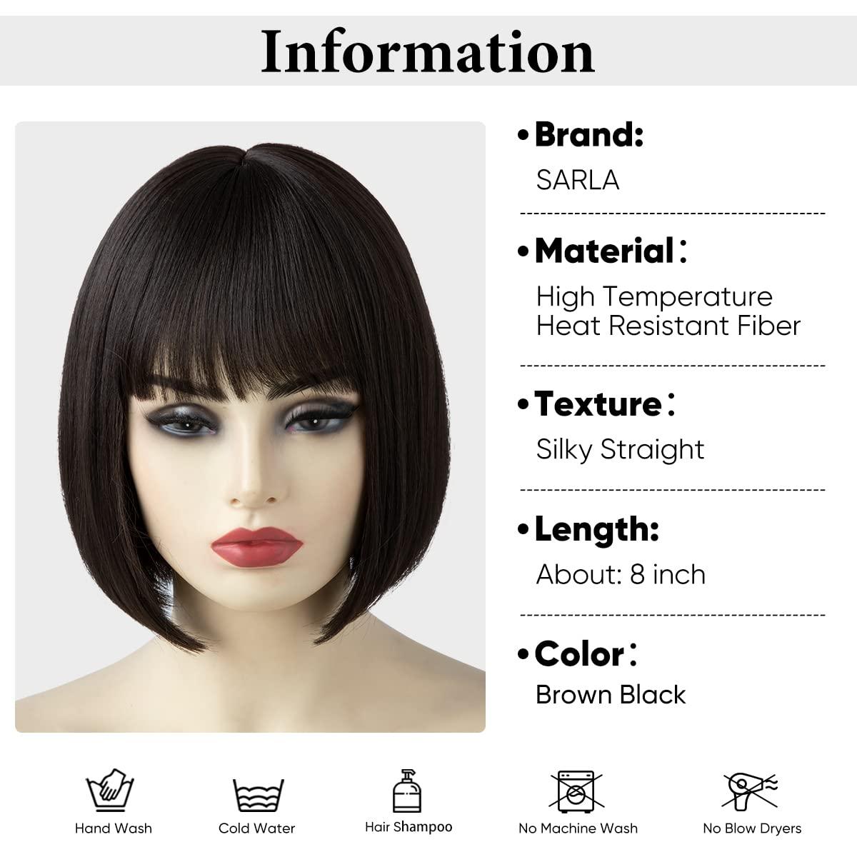 imageSARLA Short Bob Wigs with Bangs 8 Inch Fashion Synthetic Cosplay Daily Party Wig for Women Brown Black