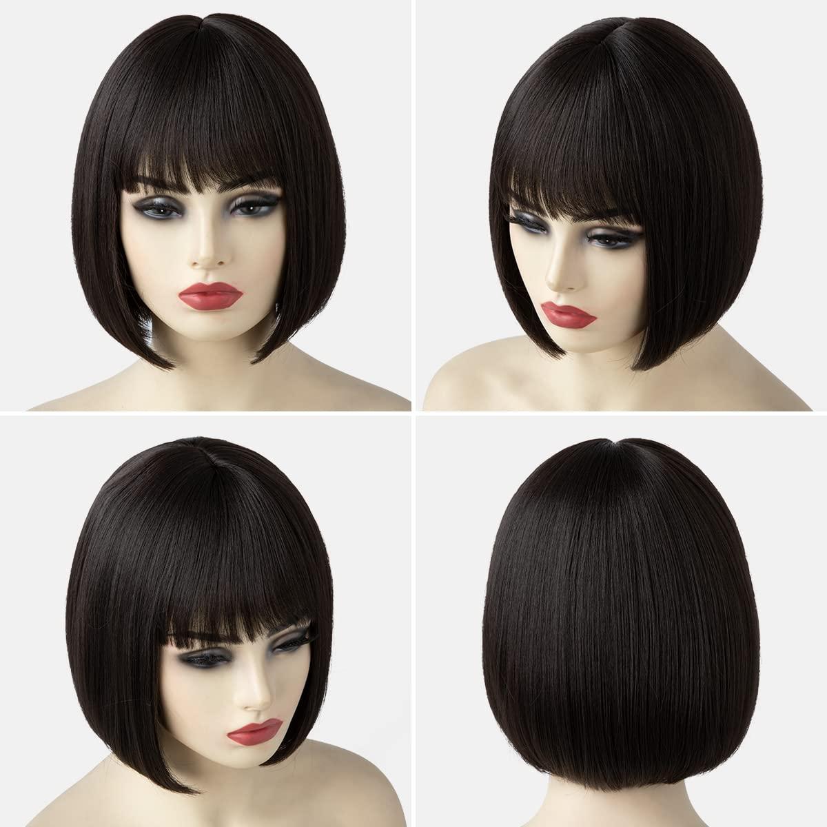 imageSARLA Short Bob Wigs with Bangs 8 Inch Fashion Synthetic Cosplay Daily Party Wig for Women Brown Black