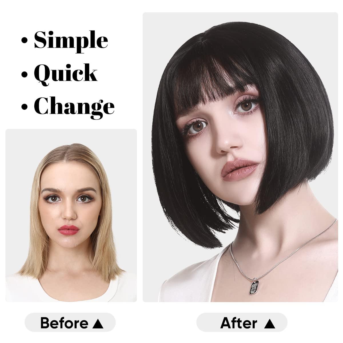 imageSARLA Short Bob Wigs with Bangs 8 Inch Fashion Synthetic Cosplay Daily Party Wig for Women Brown Black
