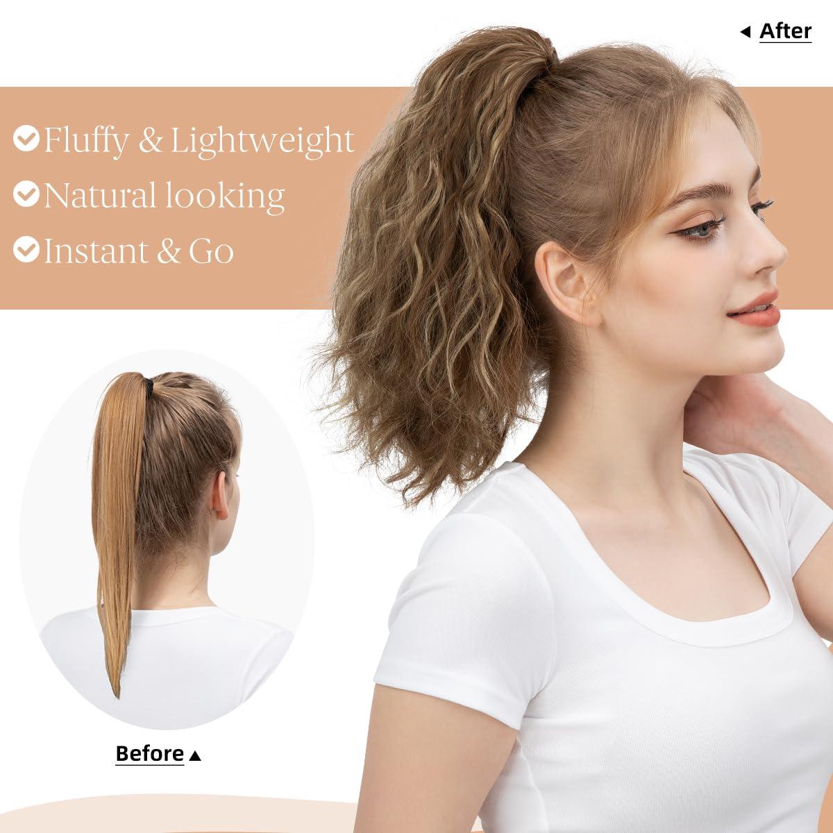 imageSARLA Short Ponytail Extension Claw Clip in 13 Inch Fluffy Synthetic Curly Wavy Pony Tail Hairpiece for Women Dirty BlondeBlack Brown