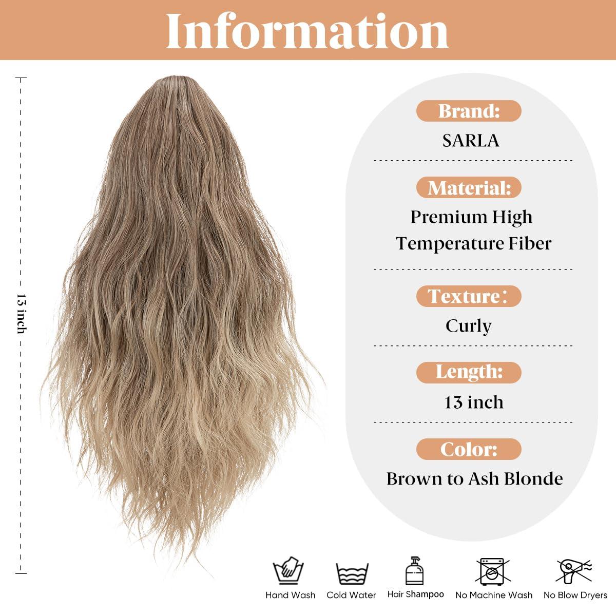 imageSARLA Short Ponytail Extension Claw Clip in 13 Inch Fluffy Synthetic Curly Wavy Pony Tail Hairpiece for Women Dirty BlondeBrown to Ash Blonde