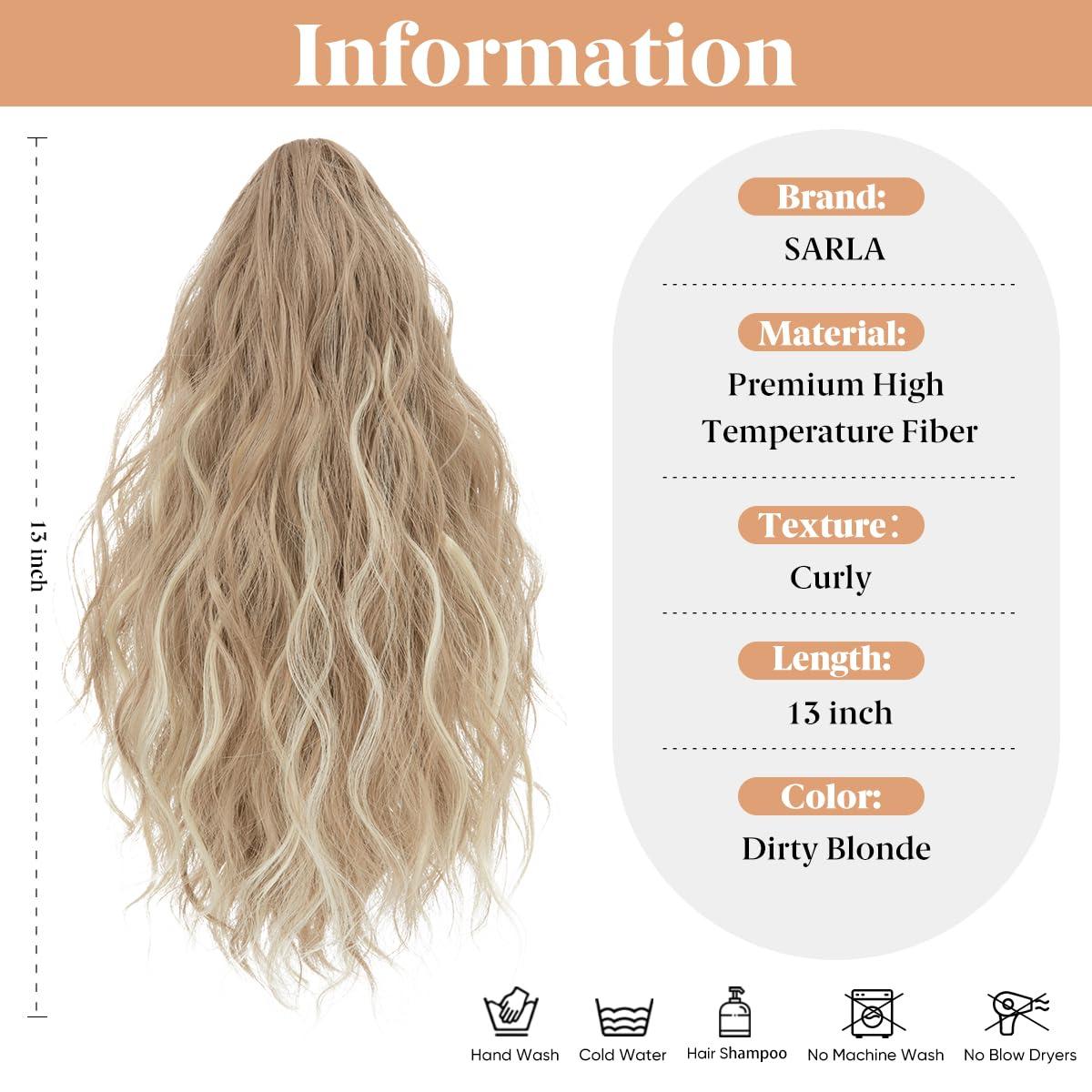 imageSARLA Short Ponytail Extension Claw Clip in 13 Inch Fluffy Synthetic Curly Wavy Pony Tail Hairpiece for Women Dirty BlondeDirty Blonde