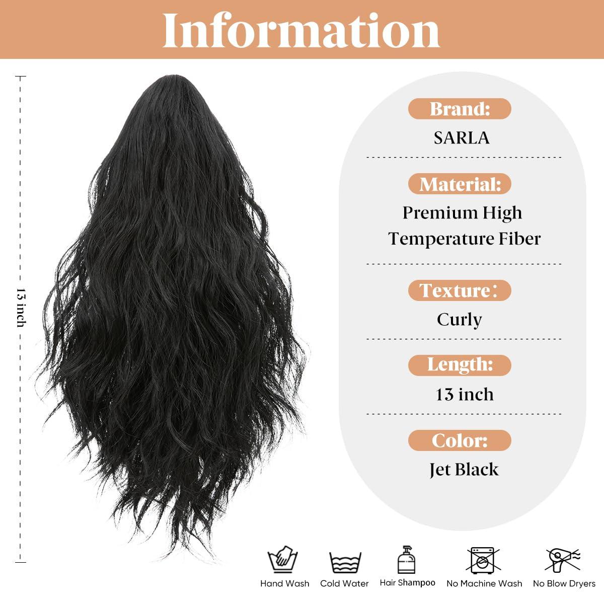 imageSARLA Short Ponytail Extension Claw Clip in 13 Inch Fluffy Synthetic Curly Wavy Pony Tail Hairpiece for Women Dirty BlondeJet Black