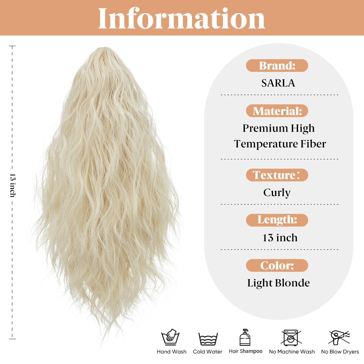 imageSARLA Short Ponytail Extension Claw Clip in 13 Inch Fluffy Synthetic Curly Wavy Pony Tail Hairpiece for Women Dirty BlondeLight Blonde