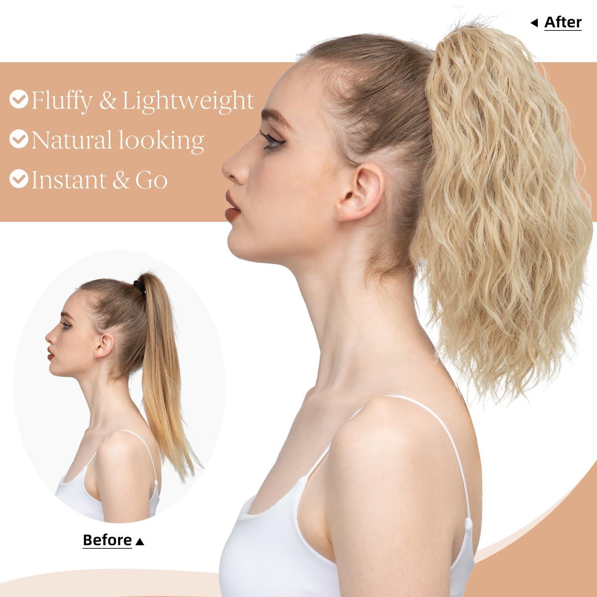 imageSARLA Short Ponytail Extension Claw Clip in 13 Inch Fluffy Synthetic Curly Wavy Pony Tail Hairpiece for Women Dirty BlondeLight Blonde