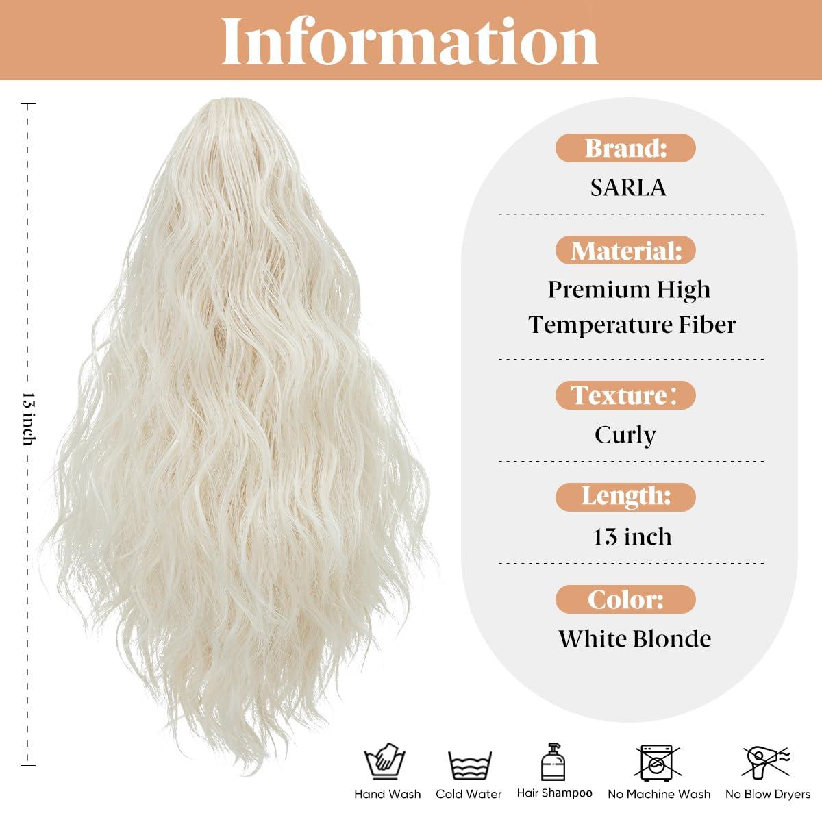 imageSARLA Short Ponytail Extension Claw Clip in 13 Inch Fluffy Synthetic Curly Wavy Pony Tail Hairpiece for Women Dirty BlondePlatinum Blonde