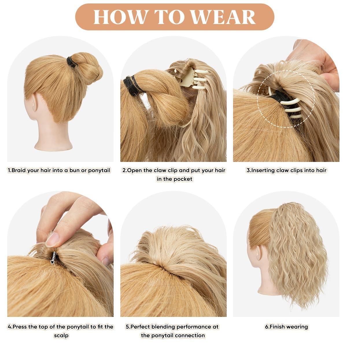 imageSARLA Short Ponytail Extension Claw Clip in 13 Inch Fluffy Synthetic Curly Wavy Pony Tail Hairpiece for Women Dirty BlondeReddish Brown