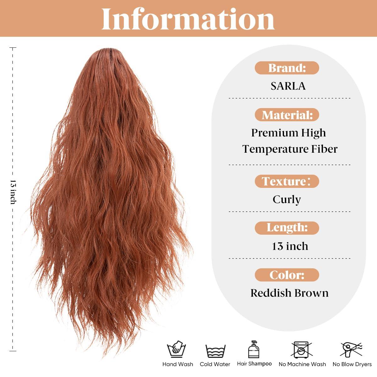 imageSARLA Short Ponytail Extension Claw Clip in 13 Inch Fluffy Synthetic Curly Wavy Pony Tail Hairpiece for Women Dirty BlondeReddish Brown