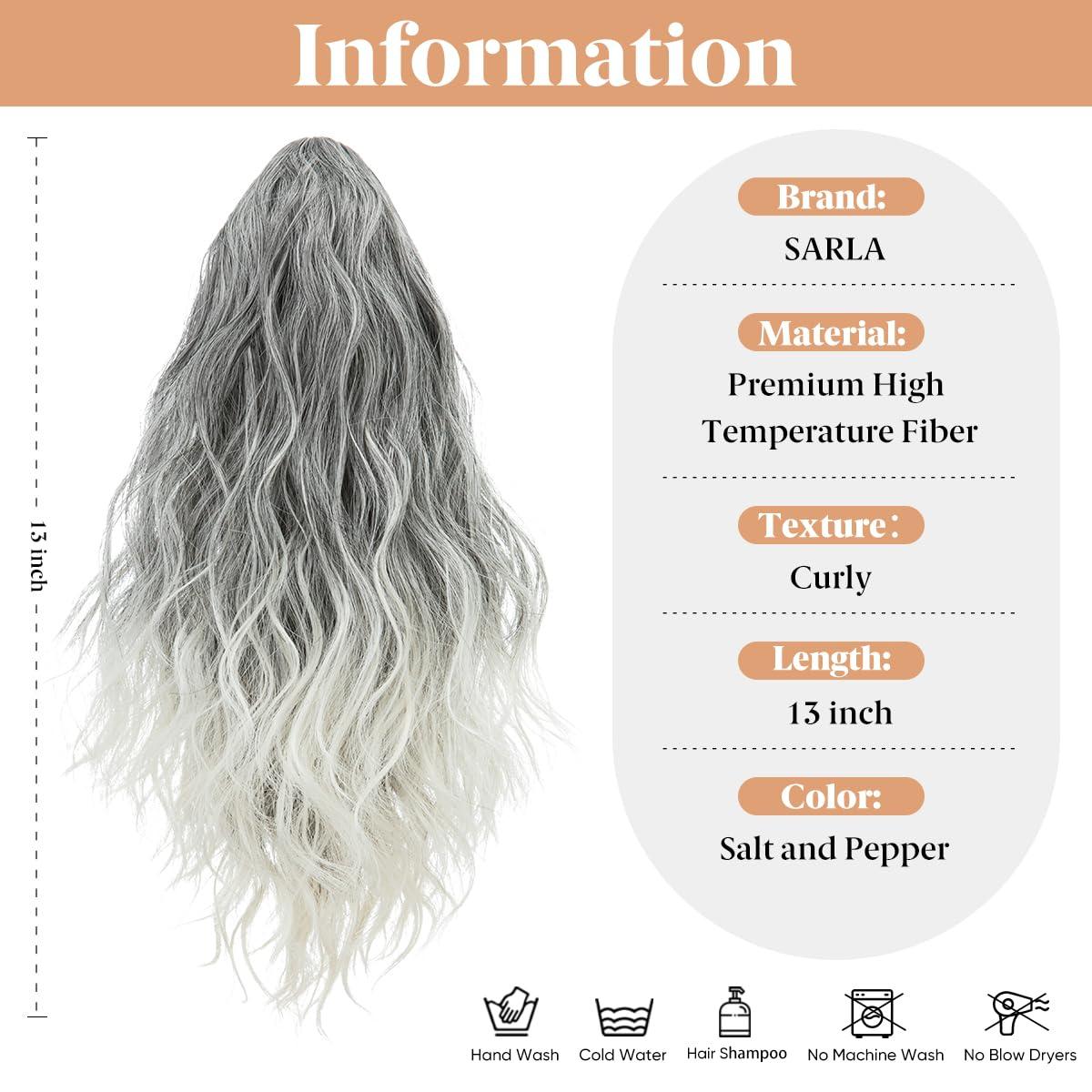 imageSARLA Short Ponytail Extension Claw Clip in 13 Inch Fluffy Synthetic Curly Wavy Pony Tail Hairpiece for Women Dirty BlondeSalt and Pepper