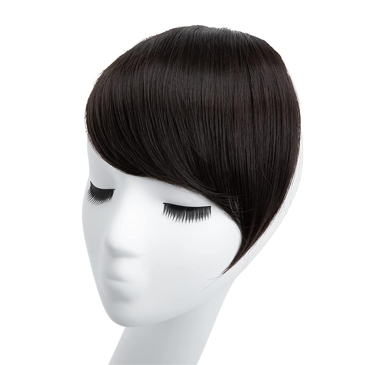 imageSARLA Side Hair Bangs Clip in Off Black One Piece Straight Synthetic Bangs Extension for WomenBlack Brown