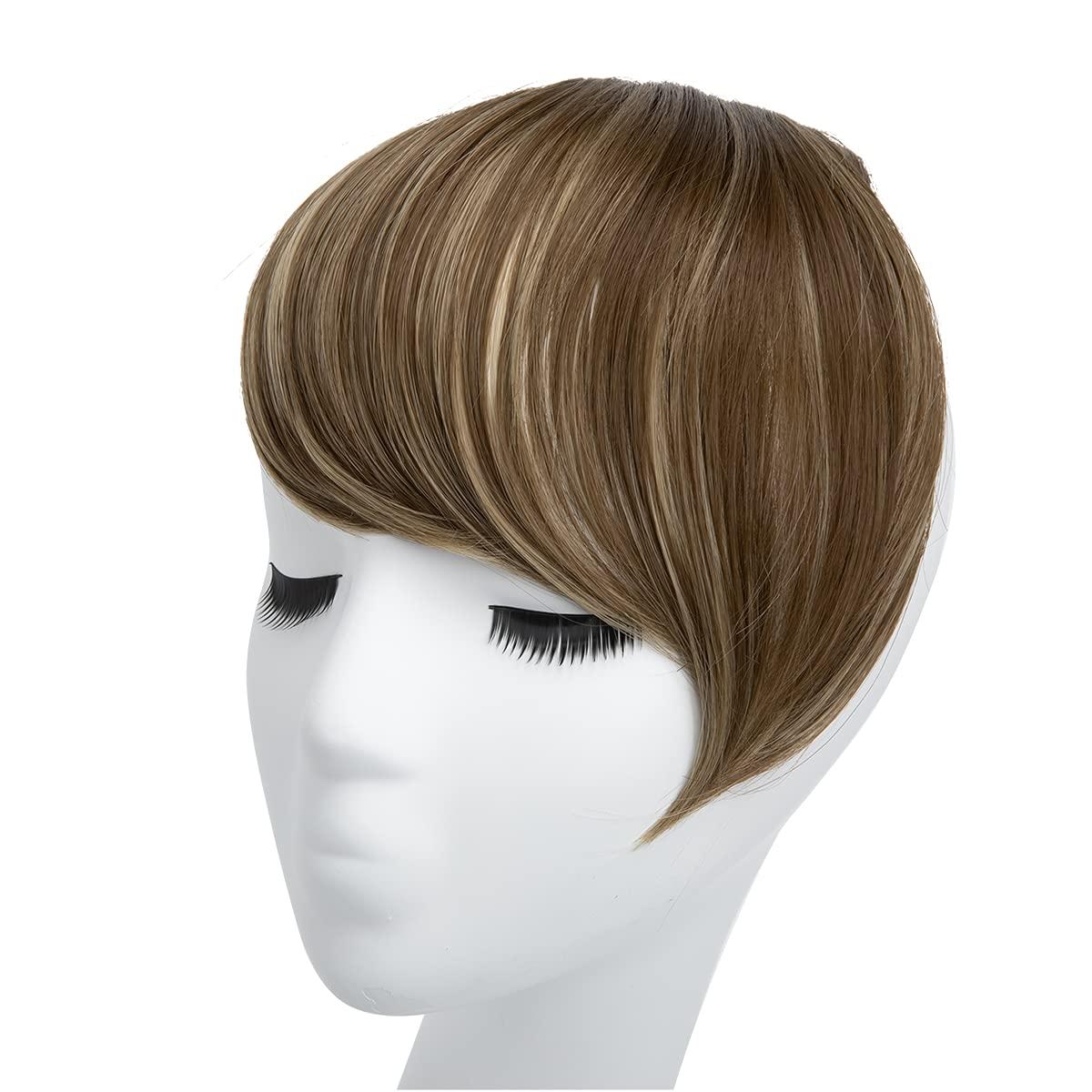 imageSARLA Side Hair Bangs Clip in Off Black One Piece Straight Synthetic Bangs Extension for WomenBrunette Ash Blonde