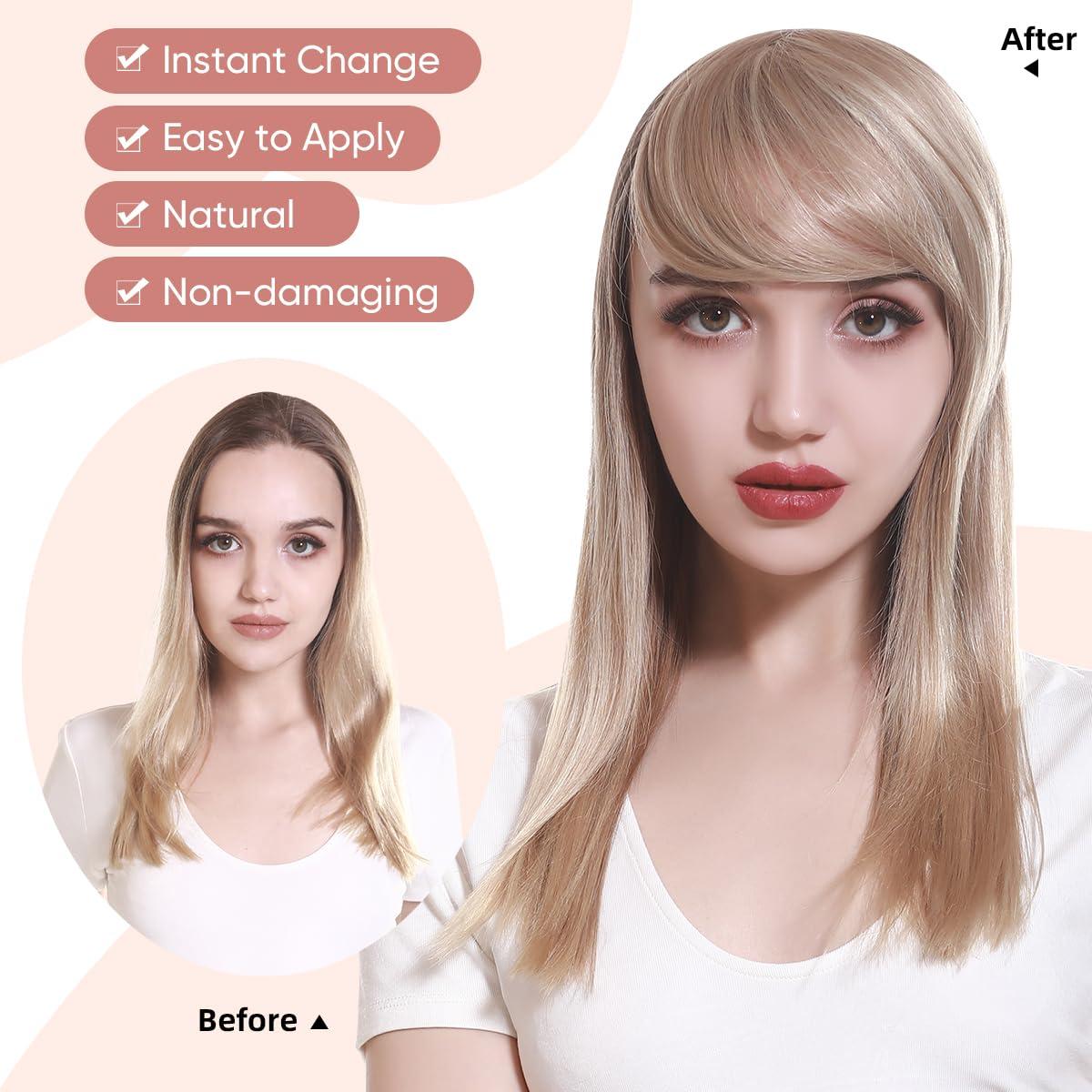 imageSARLA Side Hair Bangs Clip in Off Black One Piece Straight Synthetic Bangs Extension for WomenBrunette Ash Blonde