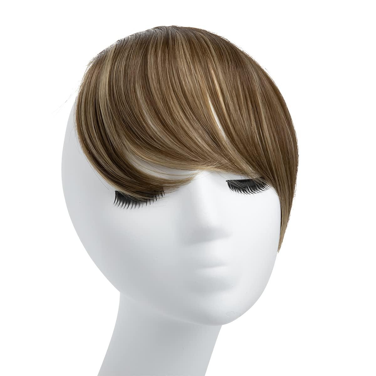 imageSARLA Side Hair Bangs Clip in Off Black One Piece Straight Synthetic Bangs Extension for WomenBrunette Ash Blonde