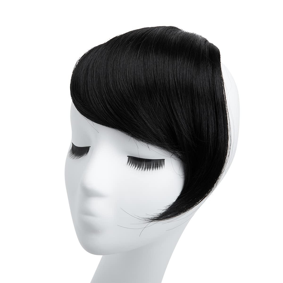 imageSARLA Side Hair Bangs Clip in Off Black One Piece Straight Synthetic Bangs Extension for WomenJet Black