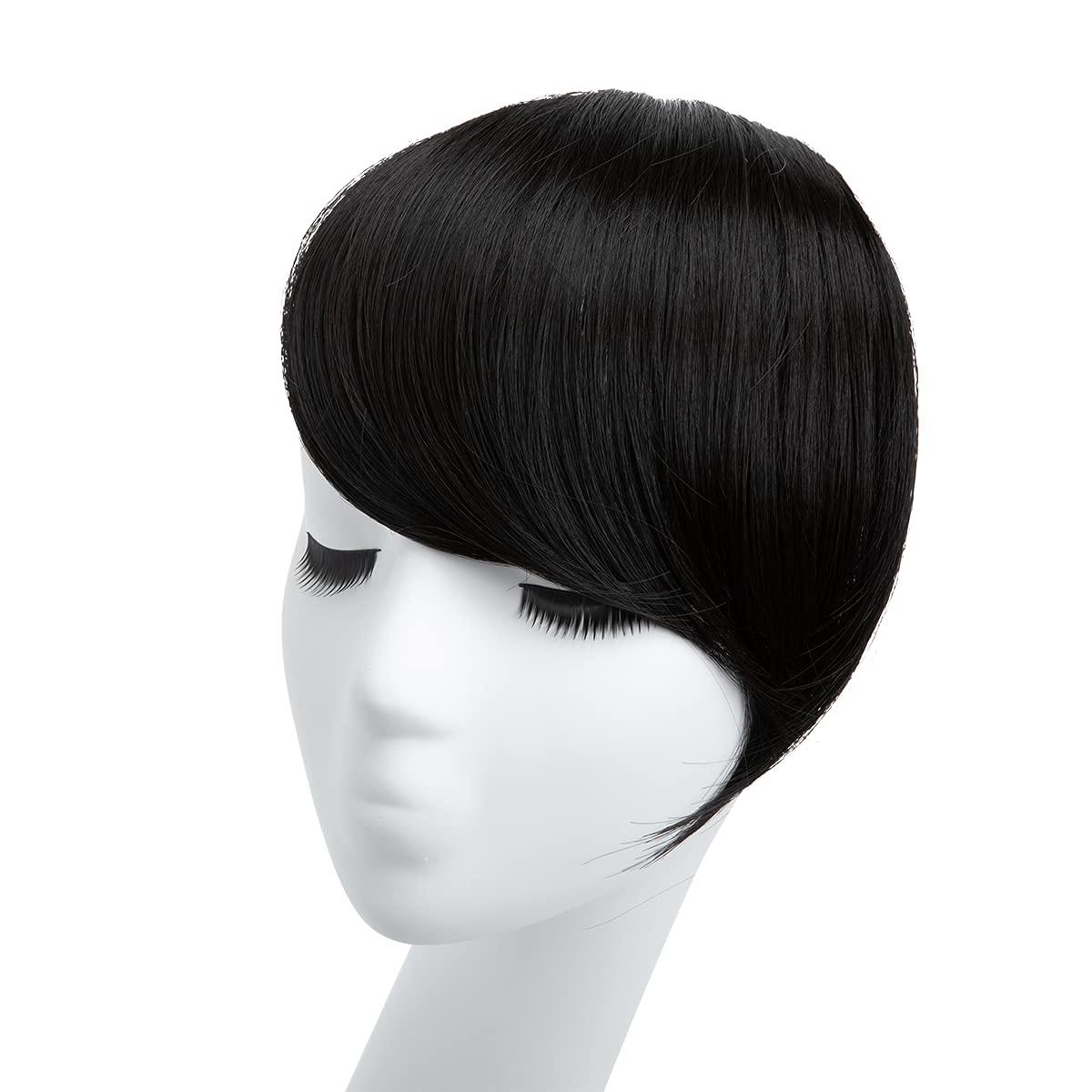 imageSARLA Side Hair Bangs Clip in Off Black One Piece Straight Synthetic Bangs Extension for WomenOff Black