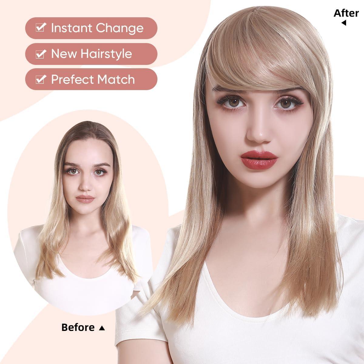 imageSARLA Side Hair Bangs Clip in Off Black One Piece Straight Synthetic Bangs Extension for WomenSunny Blonde