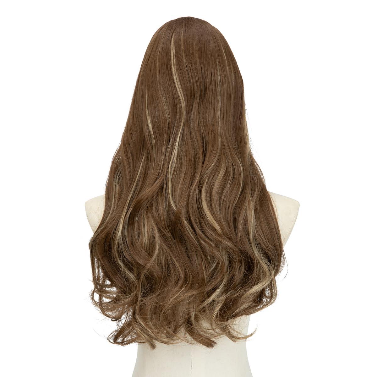 imageSARLA U Part Hair Extensions Dirty Blonde Full Head Clip in Synthetic Wave Curly Hairpiece Long 24 Inch for WomenBrunette Ash Blonde