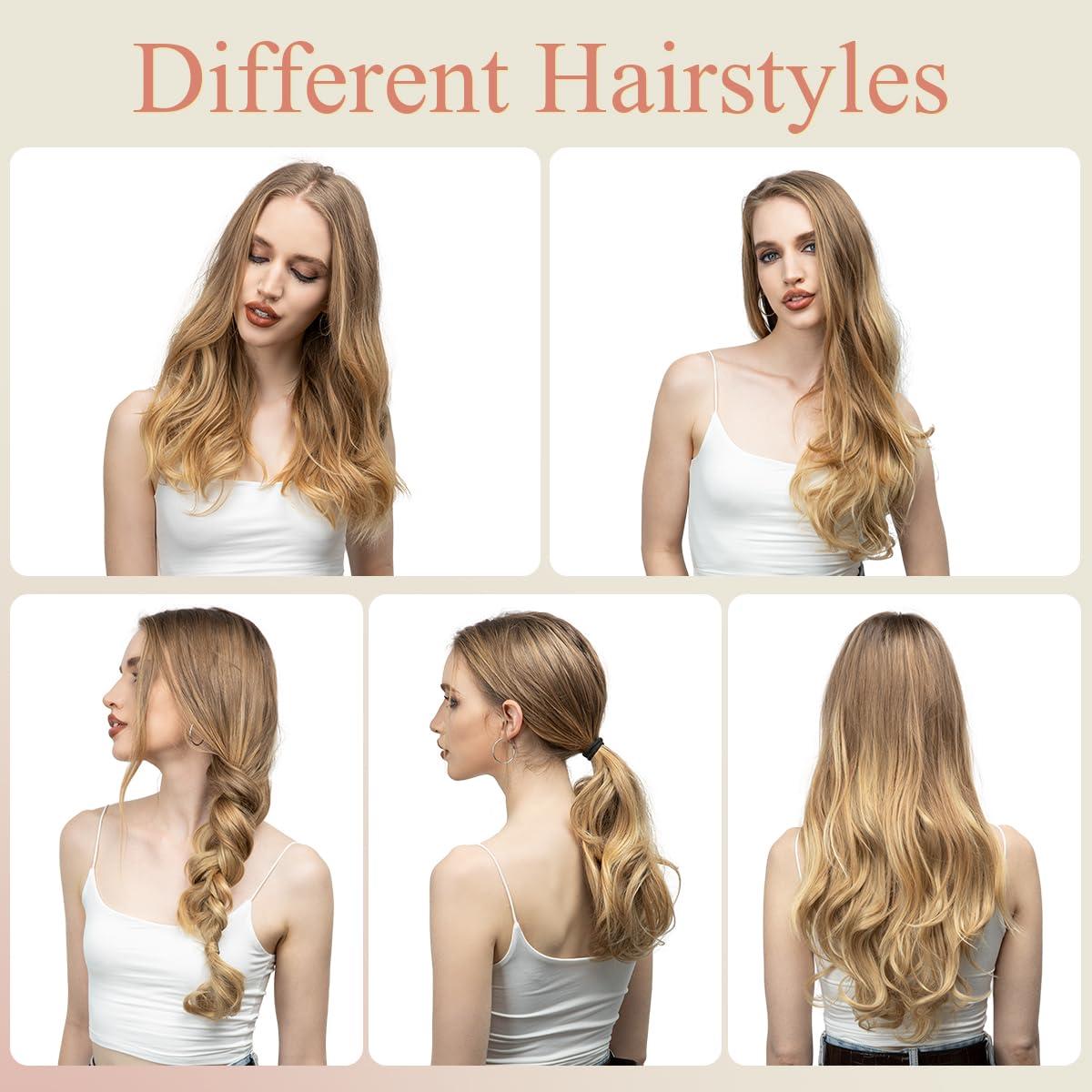 imageSARLA U Part Hair Extensions Dirty Blonde Full Head Clip in Synthetic Wave Curly Hairpiece Long 24 Inch for WomenBrunette Ash Blonde