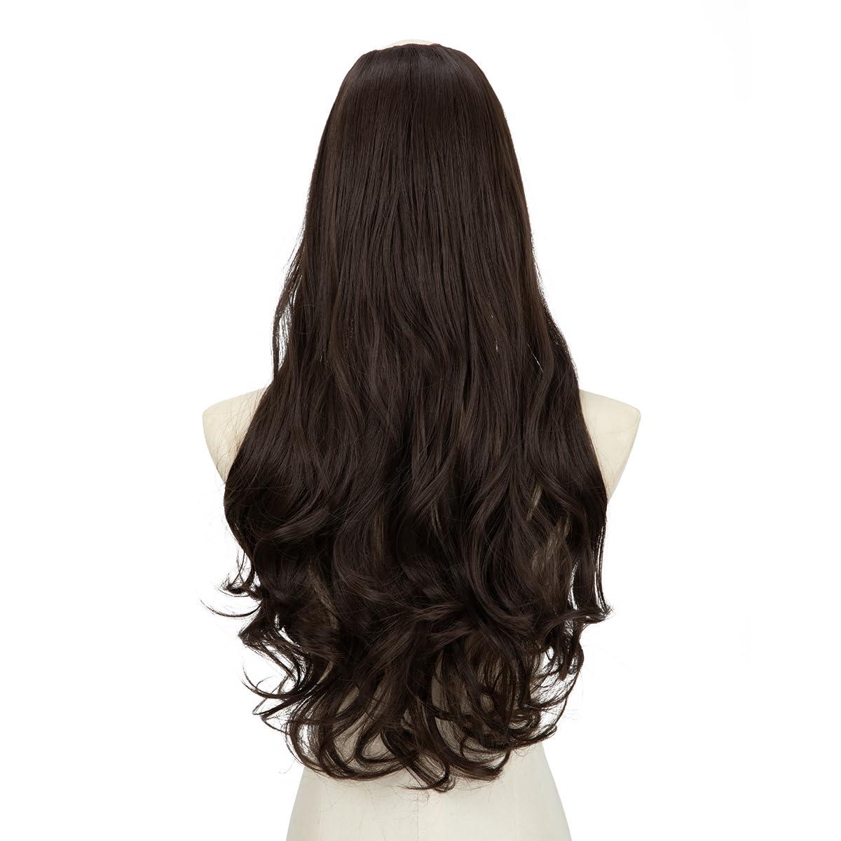 imageSARLA U Part Hair Extensions Dirty Blonde Full Head Clip in Synthetic Wave Curly Hairpiece Long 24 Inch for WomenDark Brown