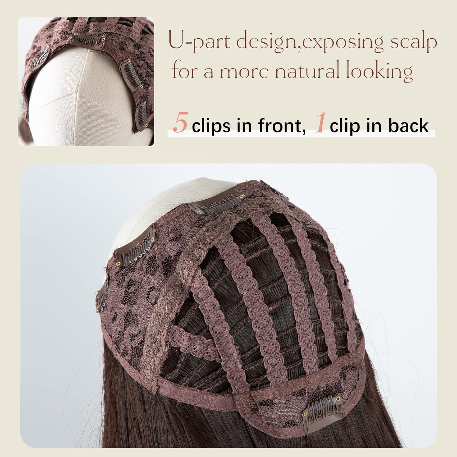 imageSARLA U Part Hair Extensions Dirty Blonde Full Head Clip in Synthetic Wave Curly Hairpiece Long 24 Inch for WomenDark Brown