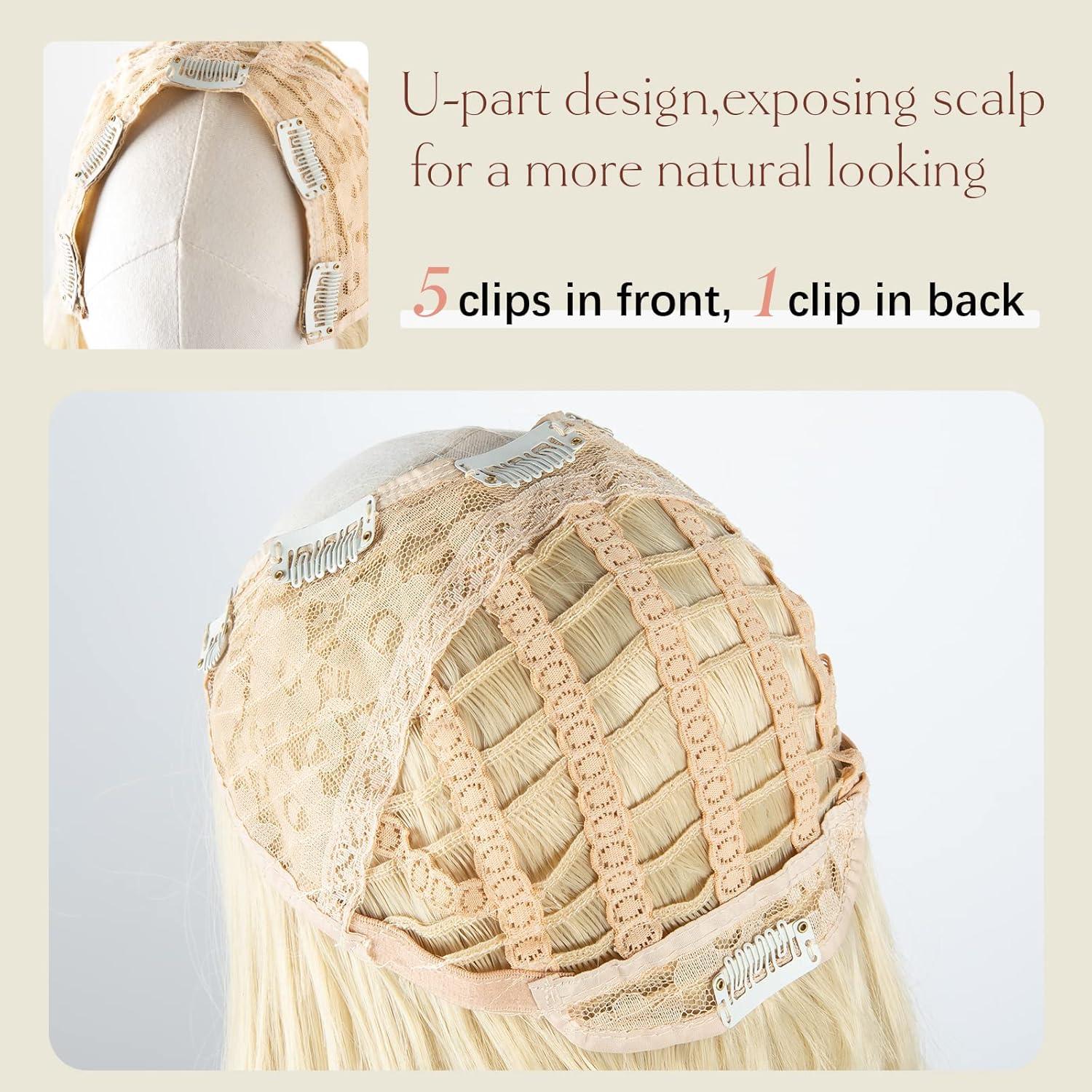 imageSARLA U Part Hair Extensions Dirty Blonde Full Head Clip in Synthetic Wave Curly Hairpiece Long 24 Inch for WomenHoney Blonde Bleach Blonde