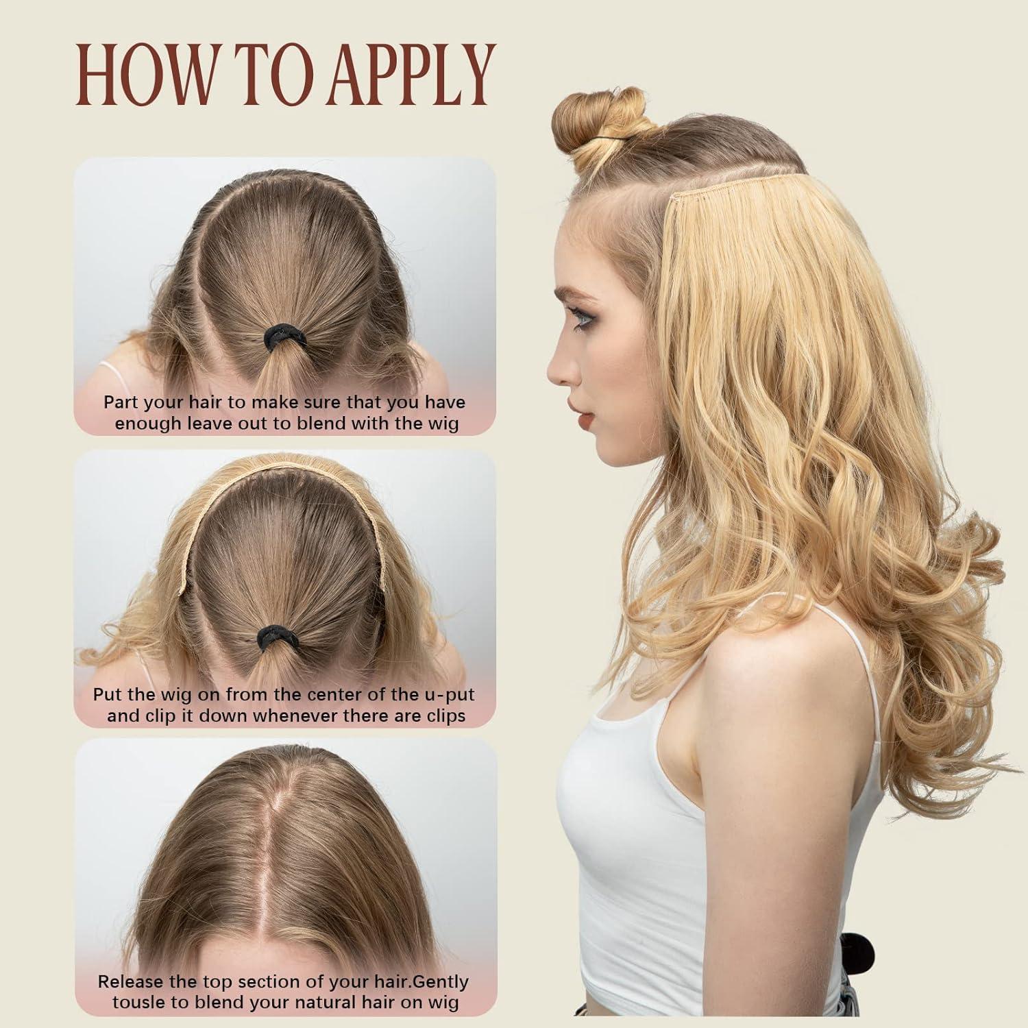 imageSARLA U Part Hair Extensions Dirty Blonde Full Head Clip in Synthetic Wave Curly Hairpiece Long 24 Inch for WomenLight Auburn