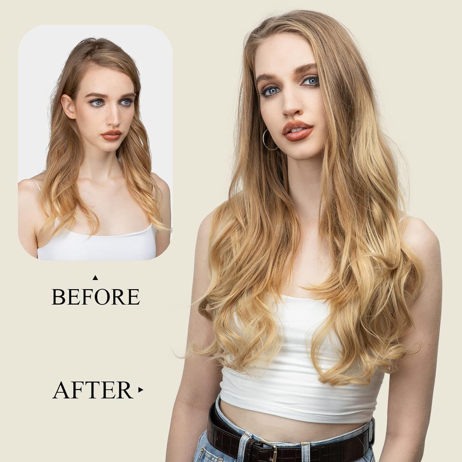 imageSARLA U Part Hair Extensions Dirty Blonde Full Head Clip in Synthetic Wave Curly Hairpiece Long 24 Inch for WomenNatural Blonde
