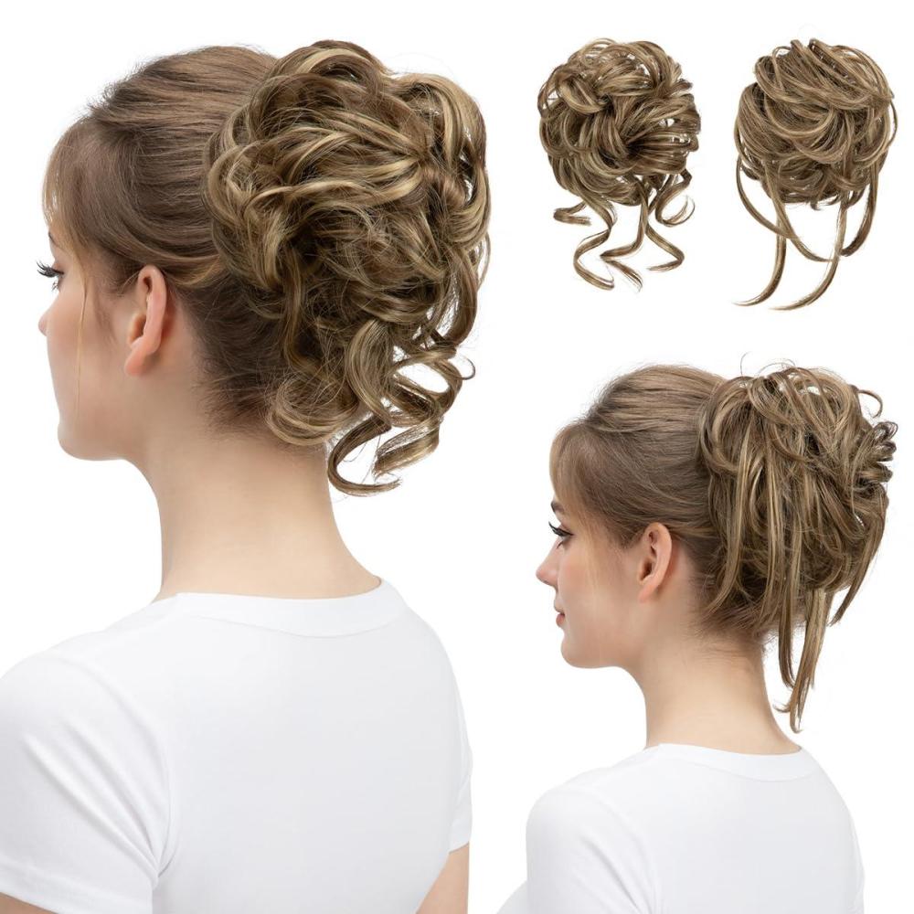 imageSARLA 2PCS Blonde Messy Bun Hair Pieces for Women Detachable Claw Clip Wavy Curly Synthetic Hairpieces for Updos with Tendrils Fake Scrunchies Ponytail Extension Dirty Blonde2PCSBrunette Ash BlondeNo Clip
