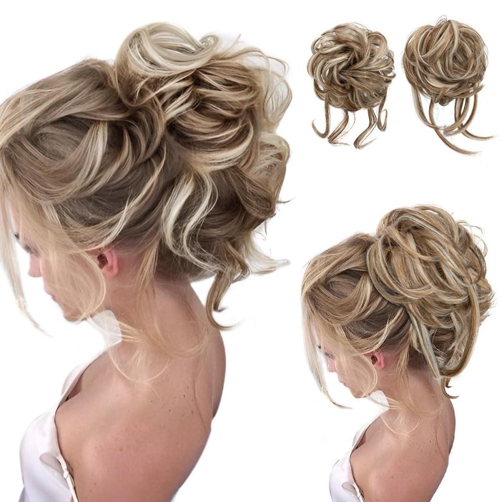 imageSARLA 2PCS Blonde Messy Bun Hair Pieces for Women Detachable Claw Clip Wavy Curly Synthetic Hairpieces for Updos with Tendrils Fake Scrunchies Ponytail Extension Dirty Blonde2PCSBeige MultiNo Clip